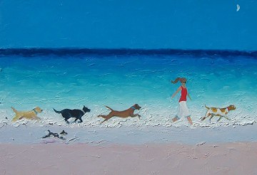 風景 Painting - ビーチを走る女の子と犬